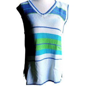 Jeanne Pierre Cotton Knit Top – 90s V-Neck Sleeveless, Striped, Size L, Thailand